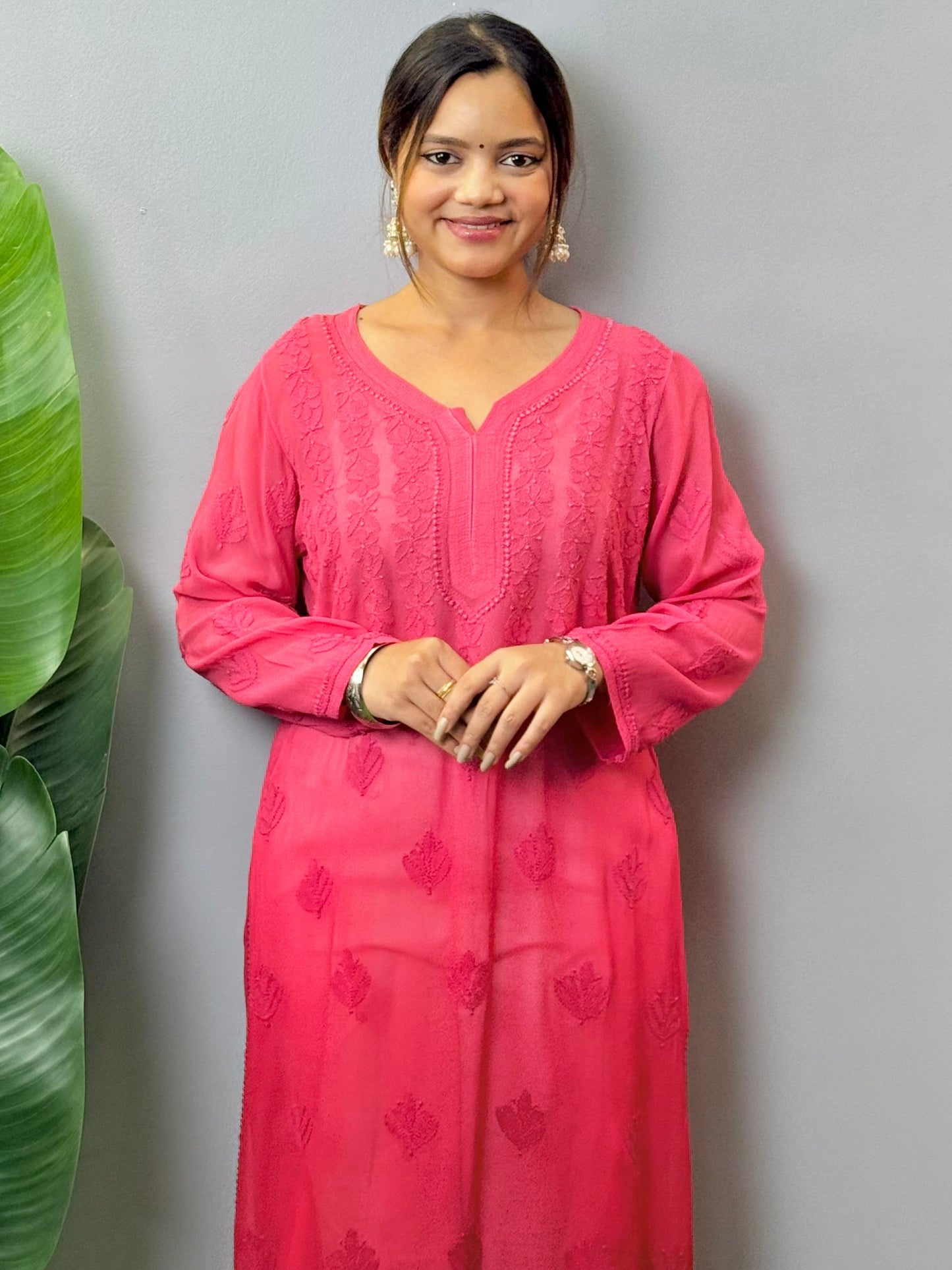 Rose red transy viscose Lucknow Chikankari kurta with hand embroidery – soft and comfortable casual wear.