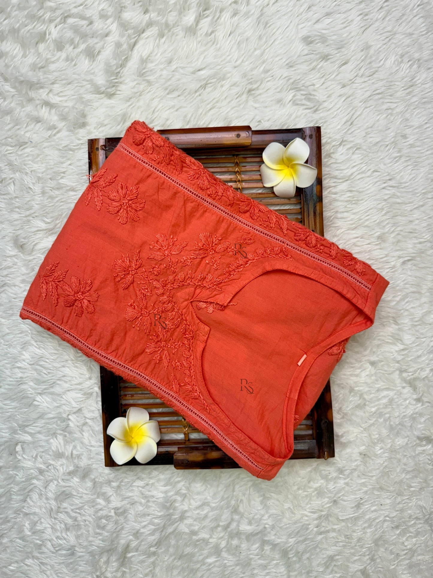 Coral cotton short Lucknow chikankari kurta with hand embroidery and side pockets