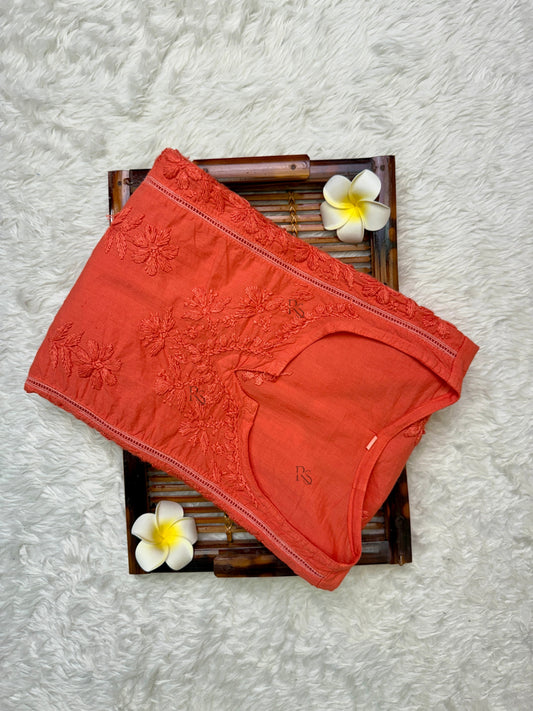 Coral cotton short Lucknow chikankari kurta with hand embroidery and side pockets