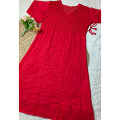 Georgette Angrakha Kurta in Red with Lucknow Chikankari Work