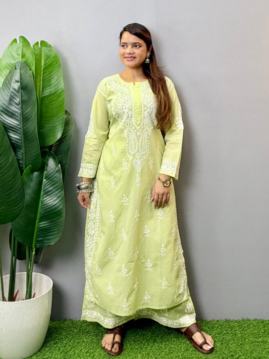 Light green cotton Lucknow Chikankari kurta and palazzo set with hand embroidery – premium quality ethnic wear.