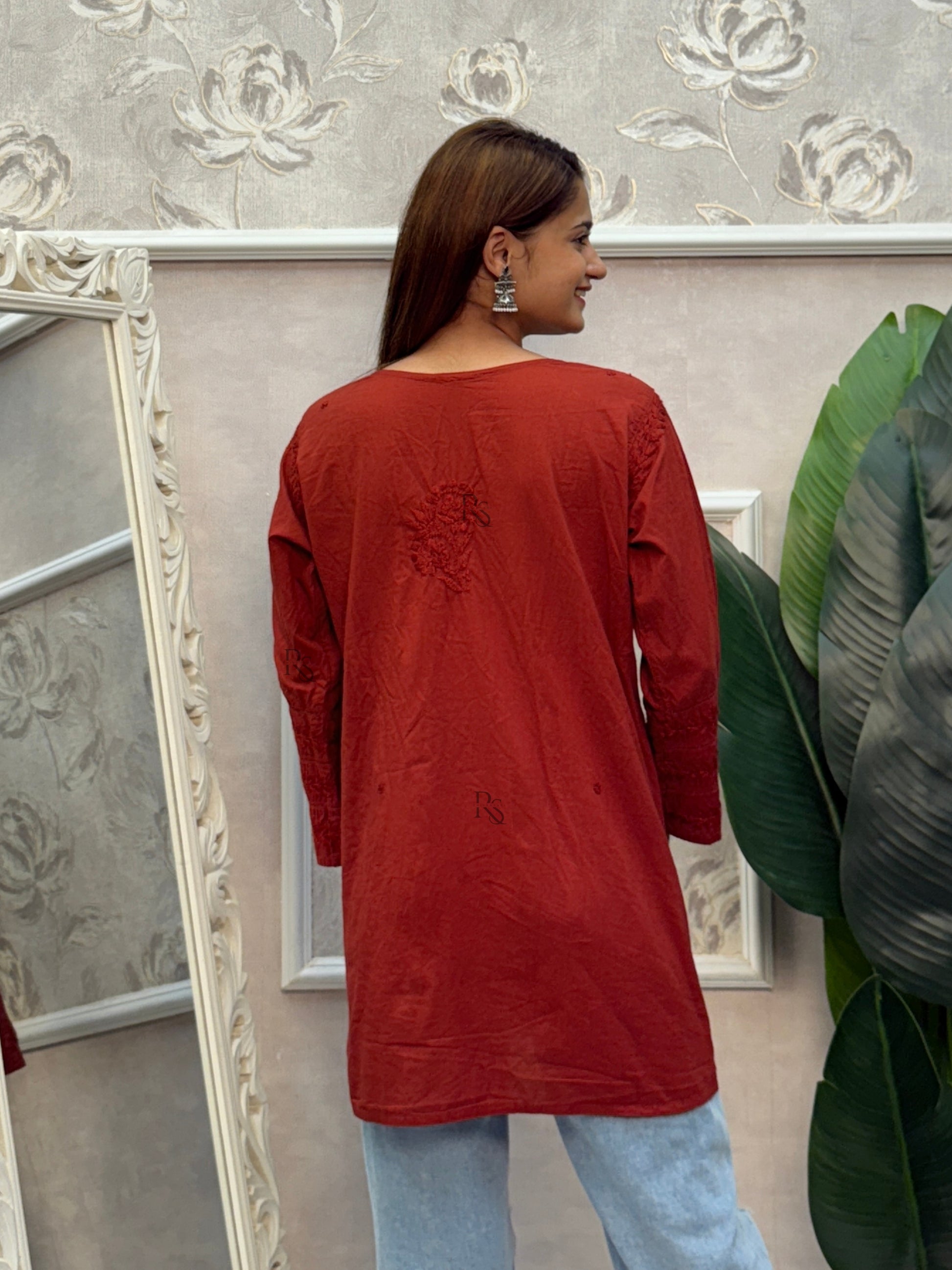 Rust cotton chikankari short flared kurta with hand embroidery.