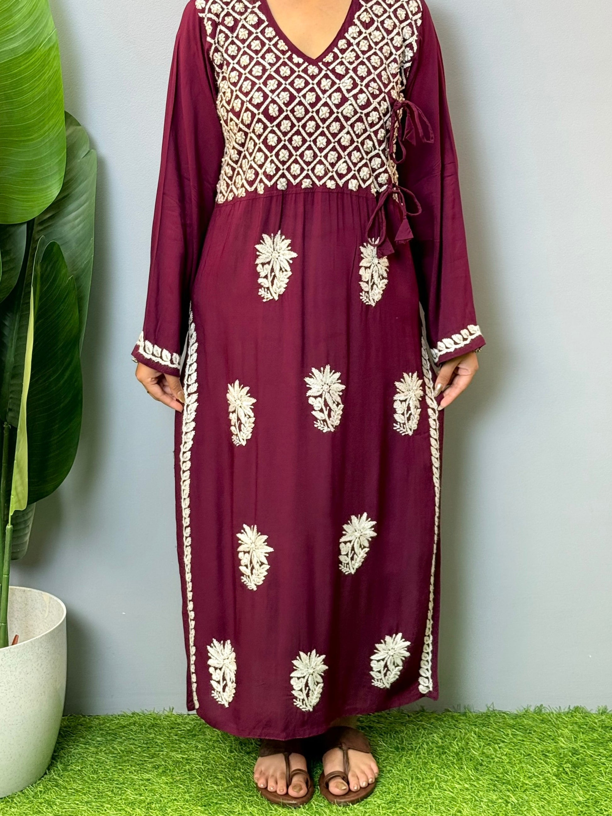 Wine modal angrakha style chikankari kurta with white hand embroidery and tie-up details