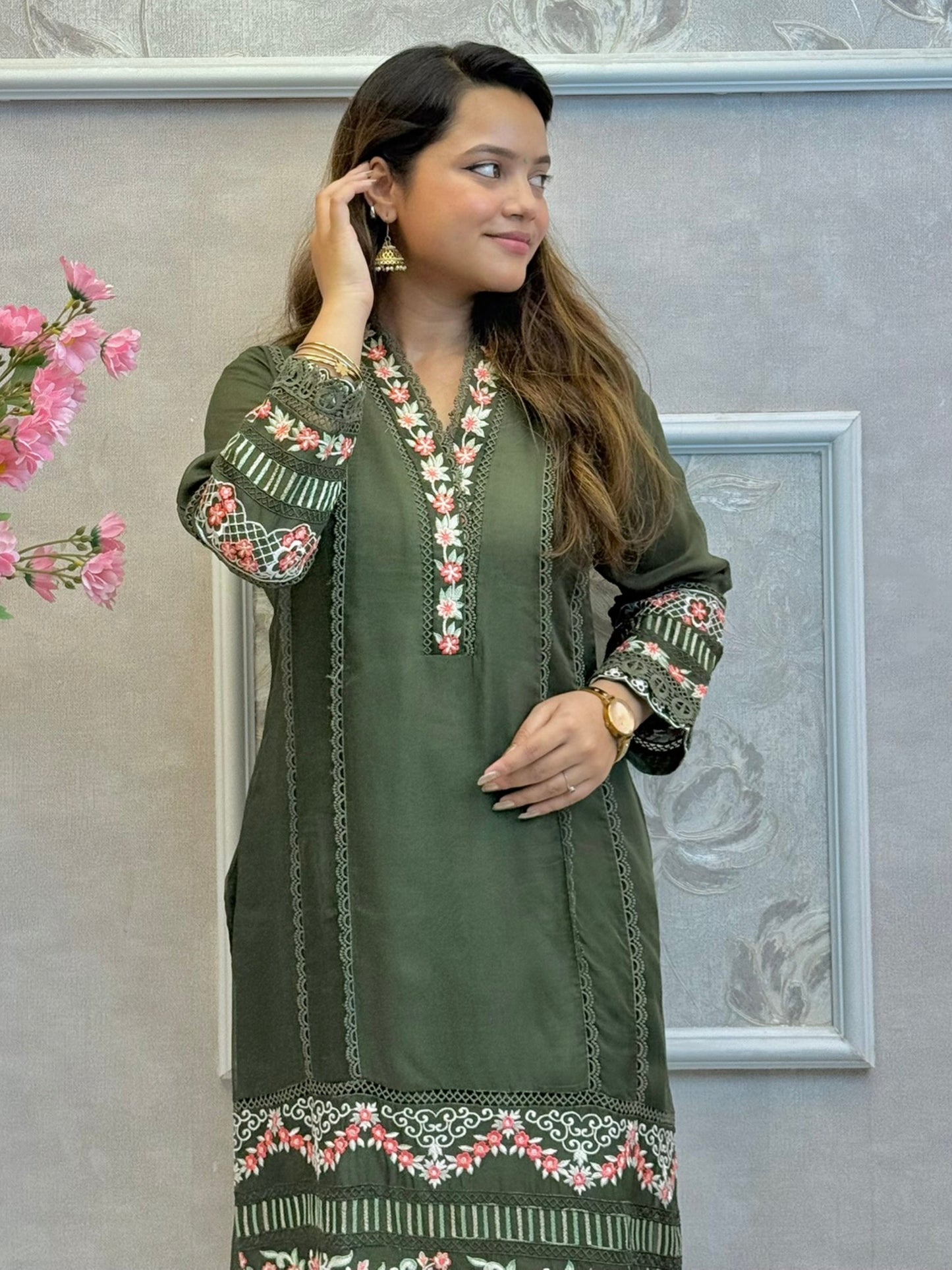 Olive green embroidered georgette kurta set with rayon pants and printed dupatta – designer ethnic wear