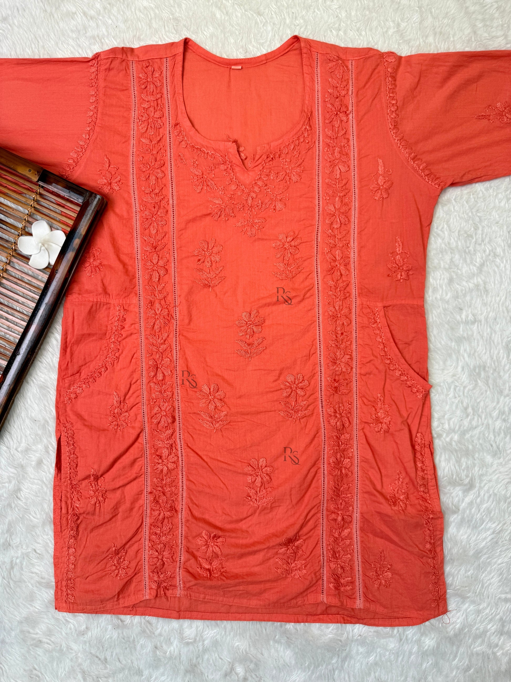 Coral cotton short Lucknow chikankari kurta with hand embroidery and side pockets