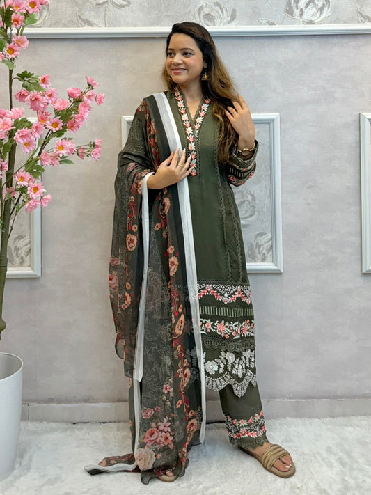 Olive green embroidered georgette kurta set with rayon pants and printed dupatta – designer ethnic wear