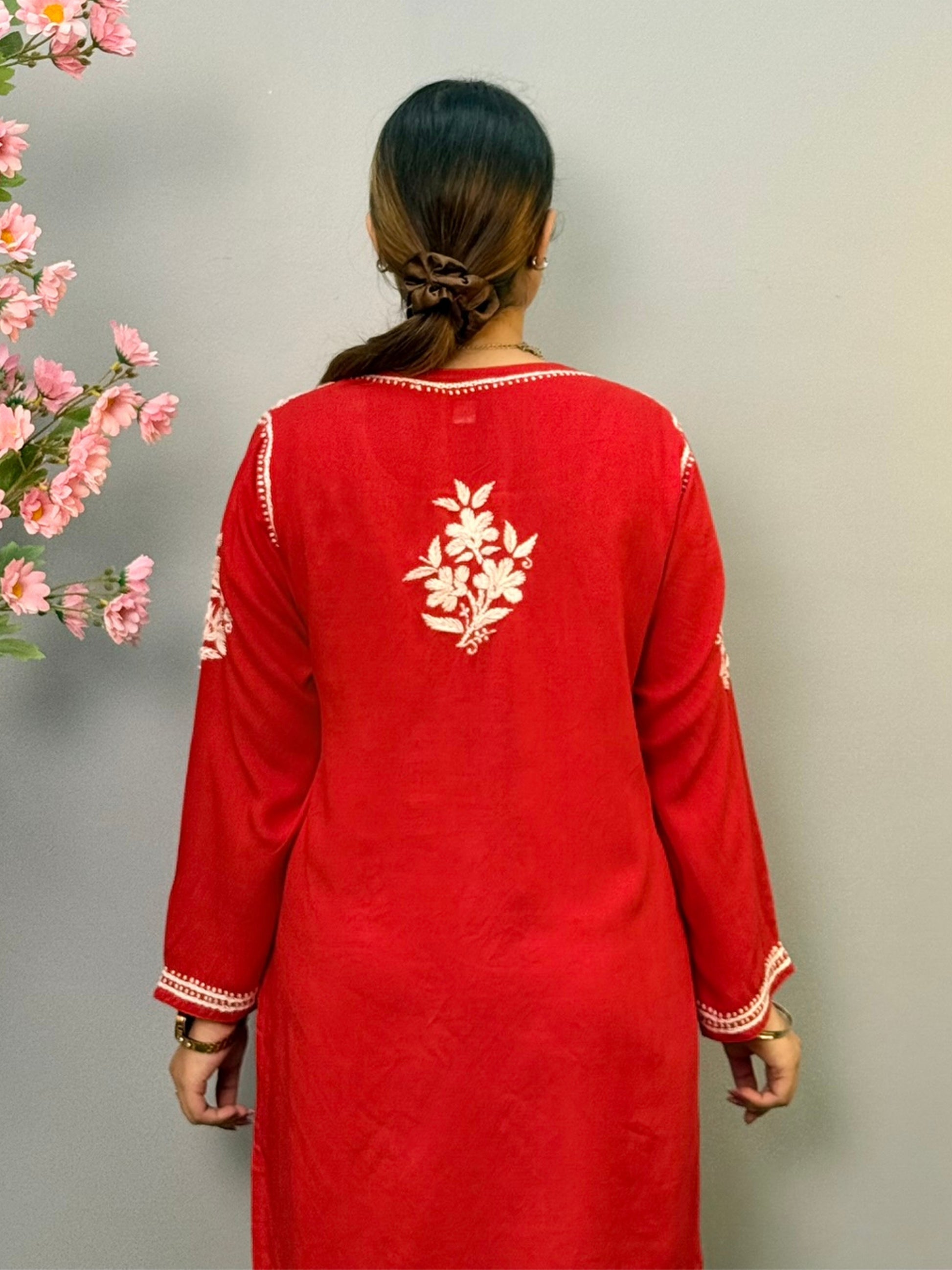 Red rayon short chikankari kurta and pant set with white hand embroidery