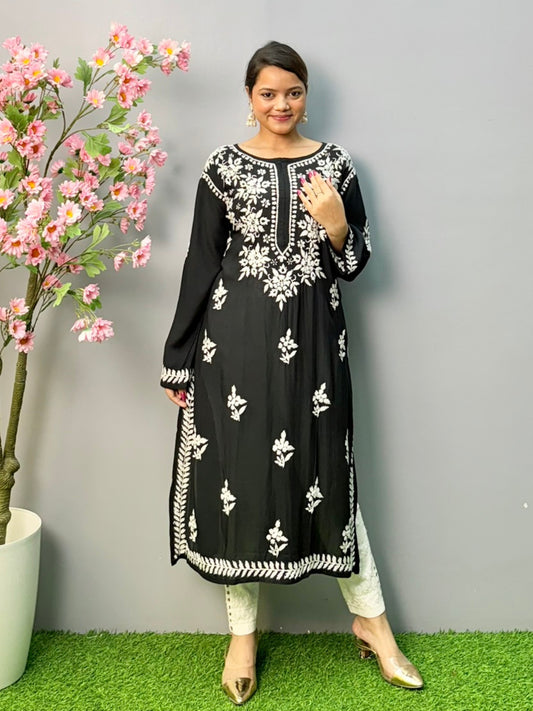 Black modal chikankari kurta with white hand embroidery – soft and comfortable