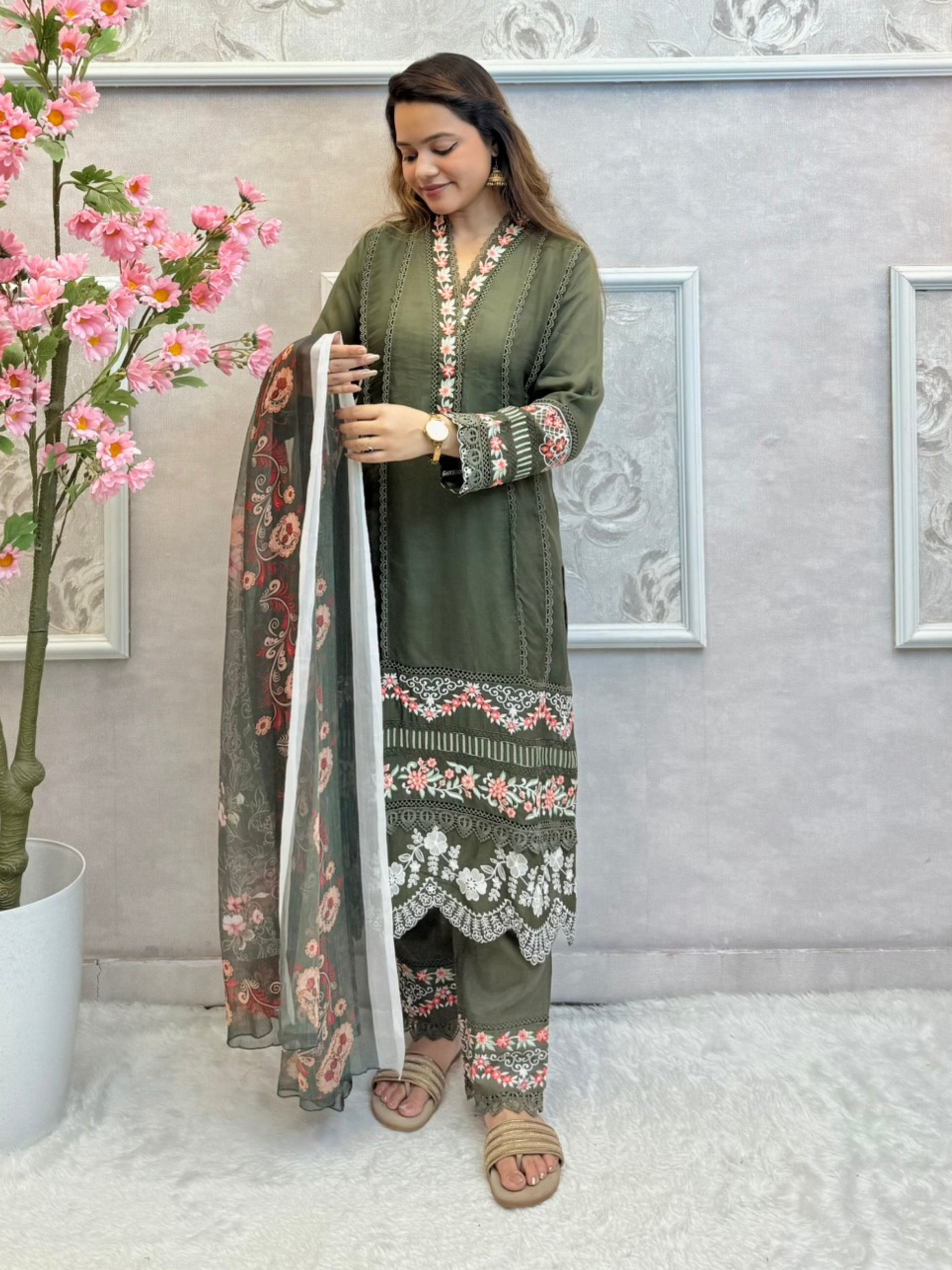 Olive green embroidered georgette kurta set with rayon pants and printed dupatta – designer ethnic wear
