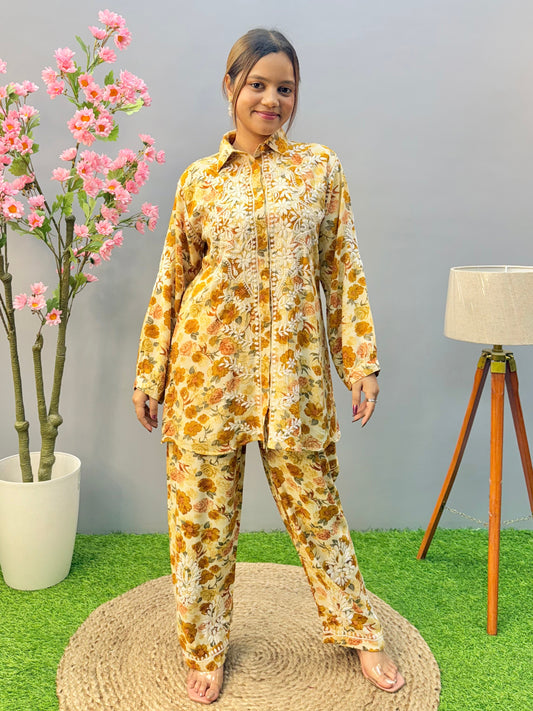 Printed Mustard Rayon Chikankari Co-ord Set
