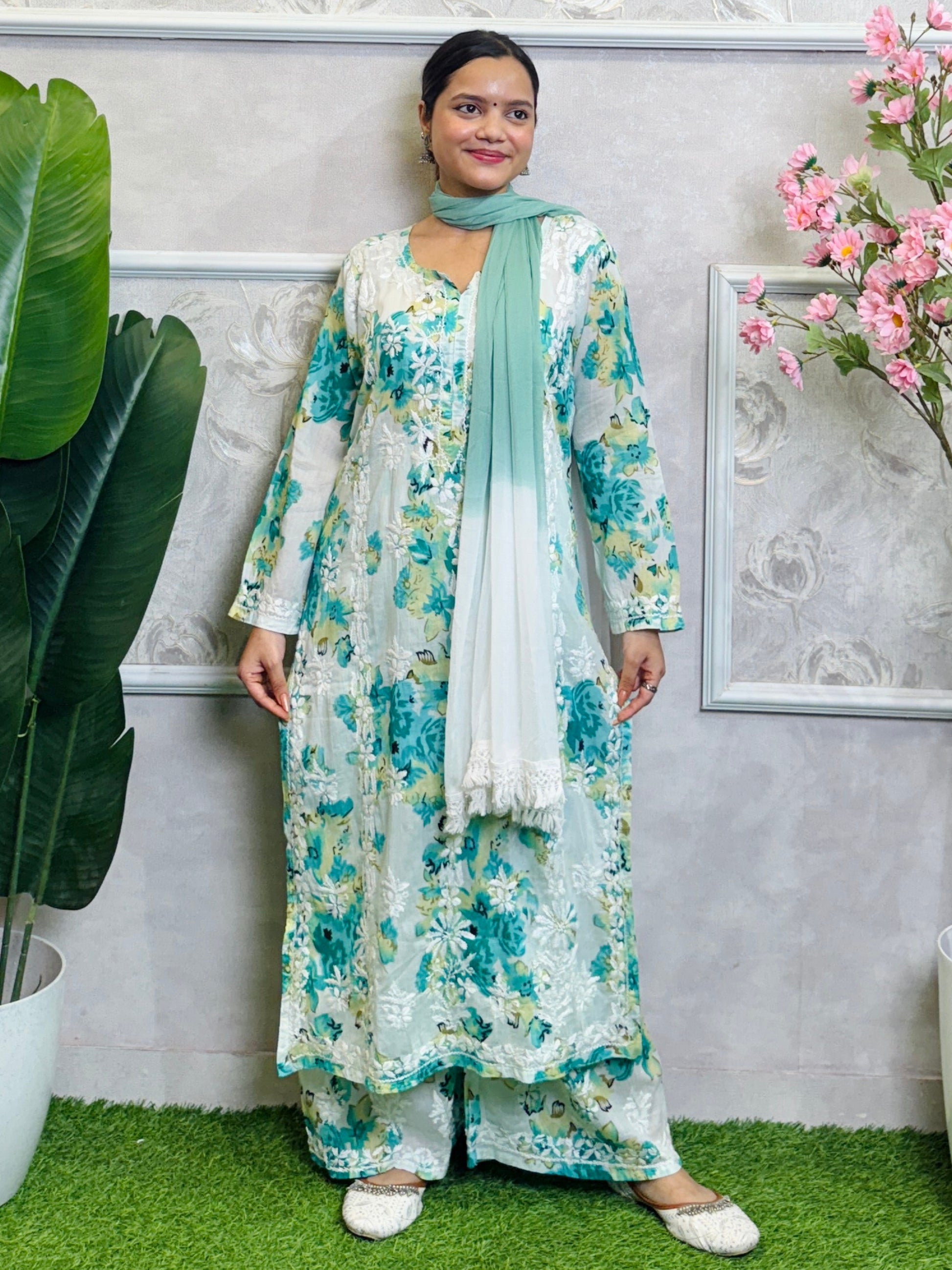 Lucknow Chikankari green floral printed mulmul kurta palazzo set with chiffon dupatta, hand embroidered and lightweight.