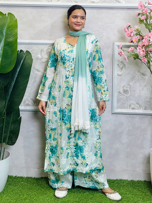 Lucknow Chikankari green floral printed mulmul kurta palazzo set with chiffon dupatta, hand embroidered and lightweight.