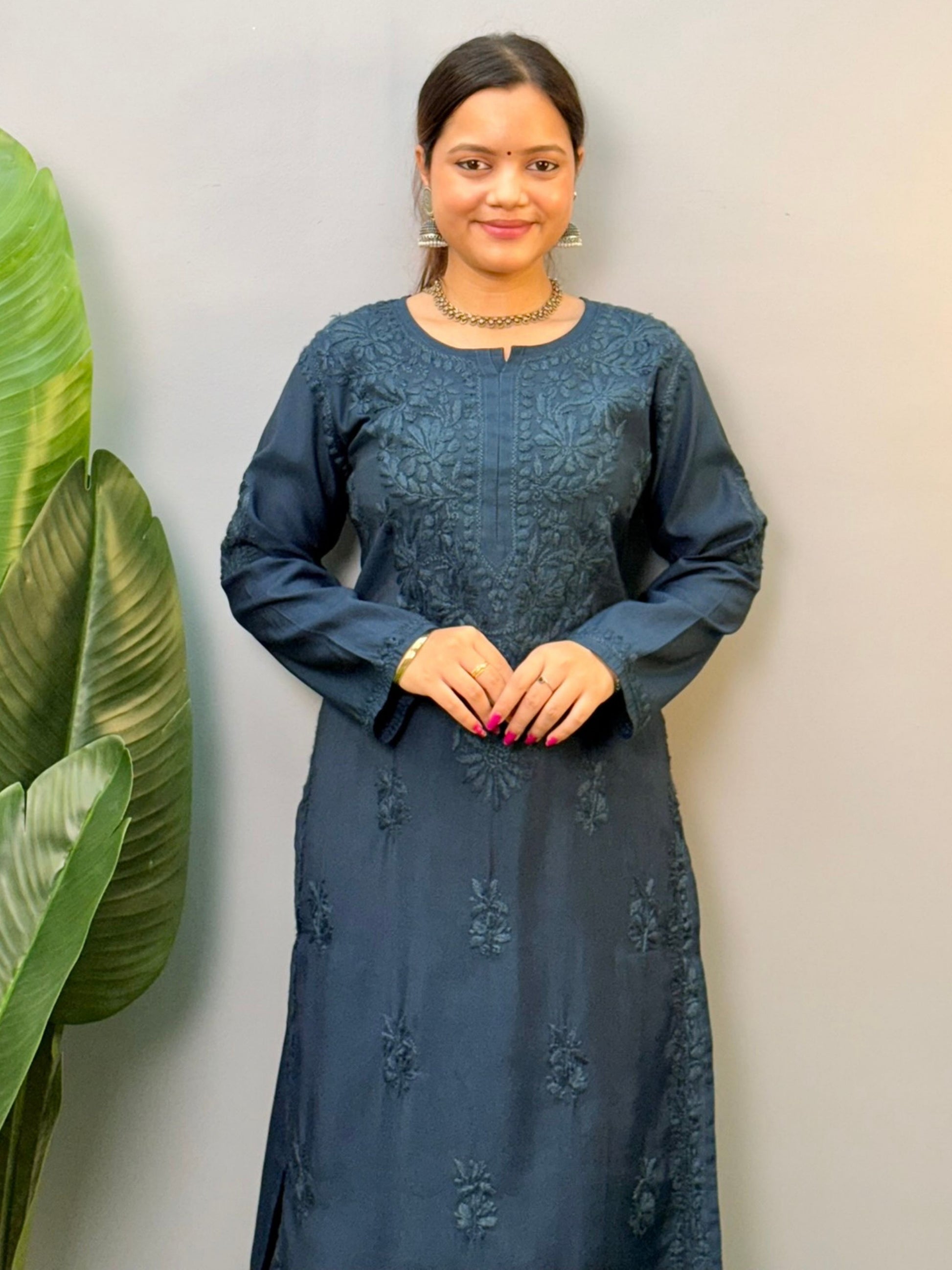 Navy blue Roman silk chikankari kurta and palazzo set with premium hand embroidery