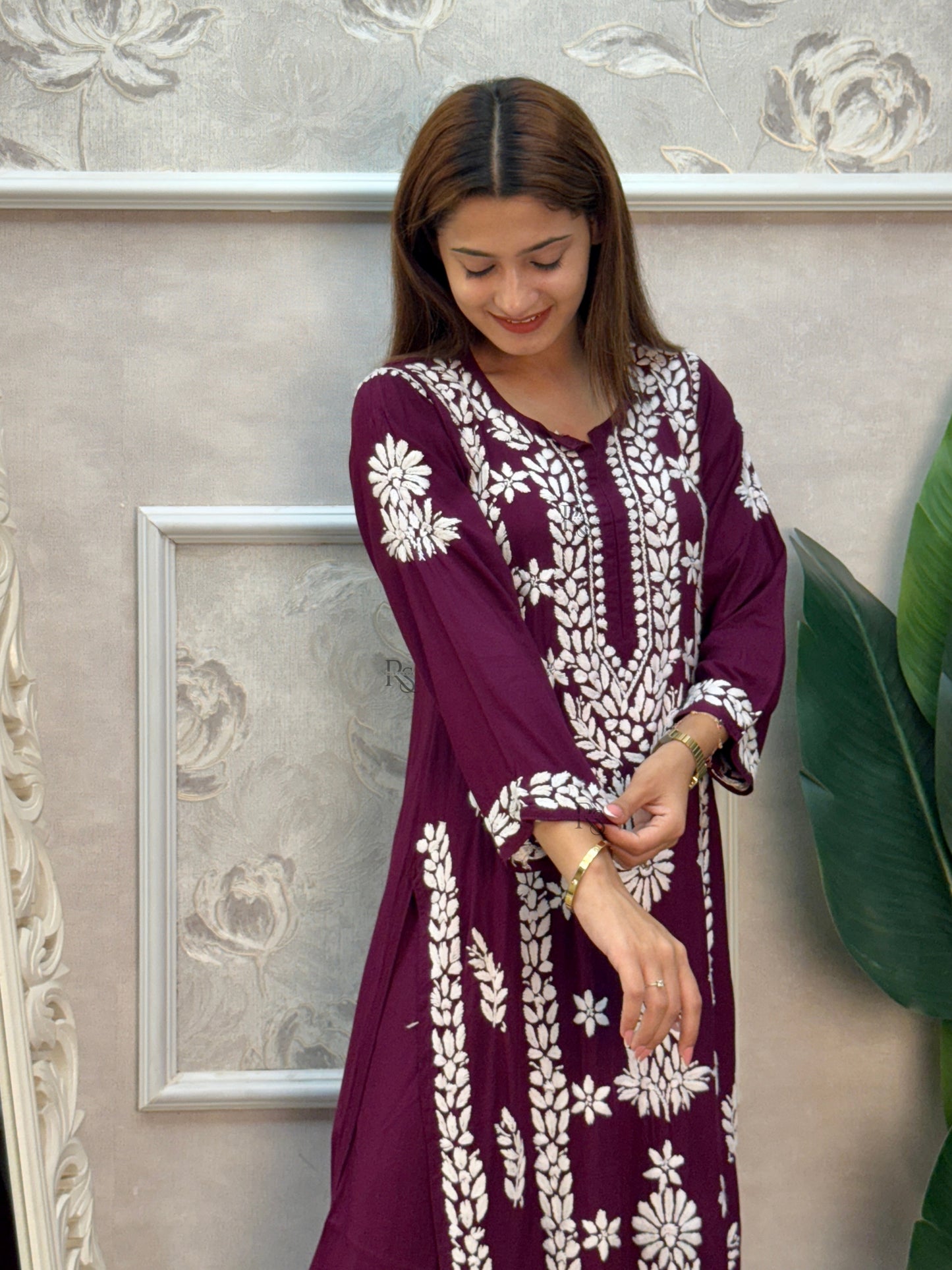 Lucknow chikankari wine rayon kurta and palazzo set with white hand embroidery