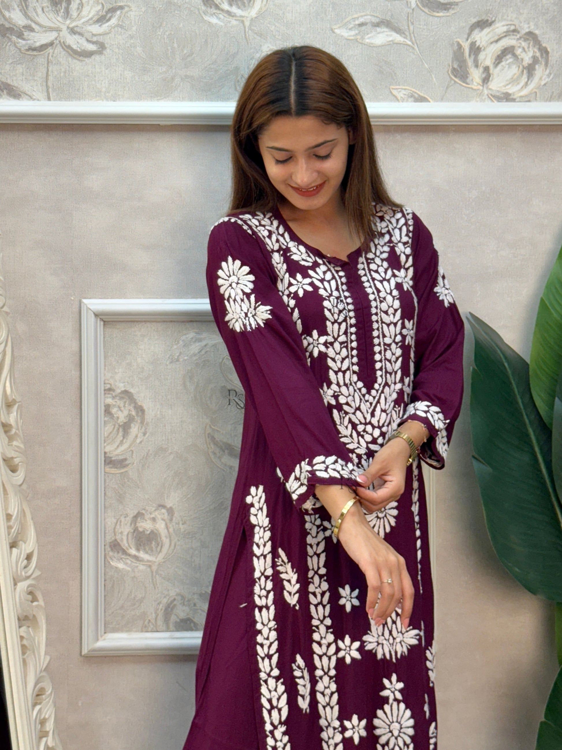 Lucknow chikankari wine rayon kurta and palazzo set with white hand embroidery