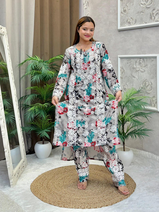 Grey floral printed muslin Lucknow Chikankari kurta and pant set with white 3D hand embroidery
